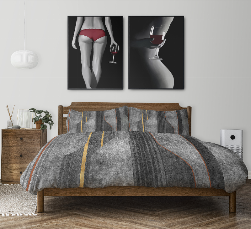 Gray comforter set with vertical stripes in gold and rust; two matching shams