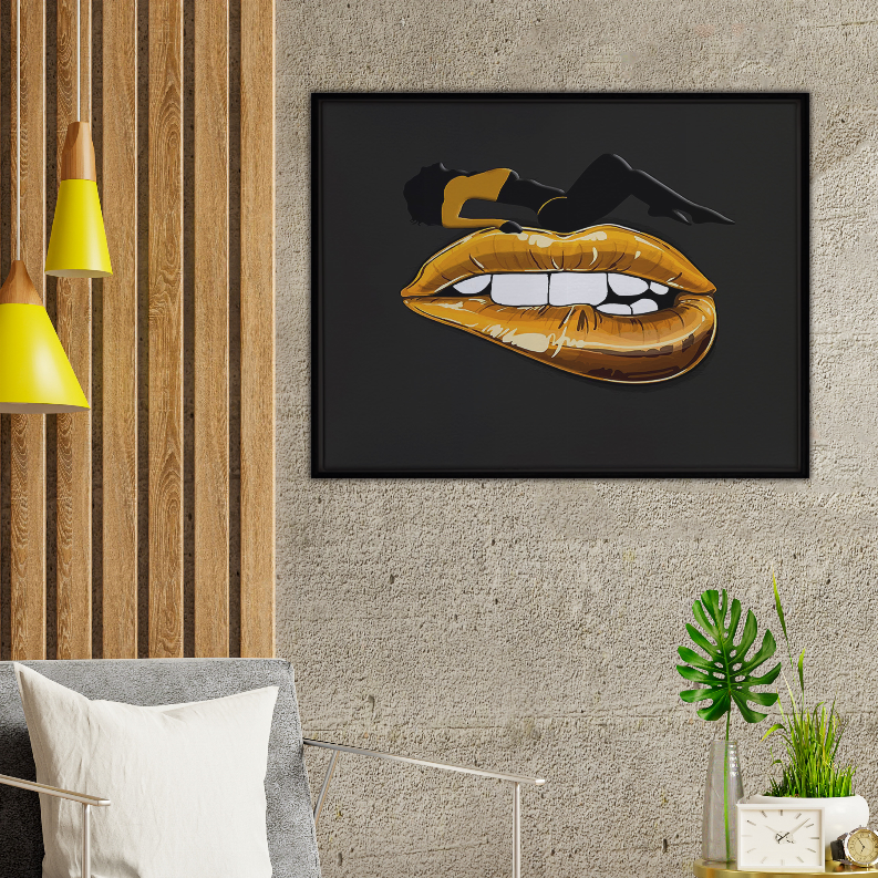 Framed lips art print with gold and white lipstick on dark background