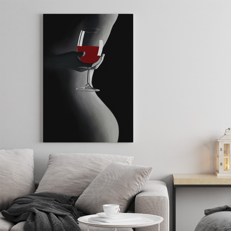 Luna art print with a wine glass and red liquid on a black-and-gray abstract figure