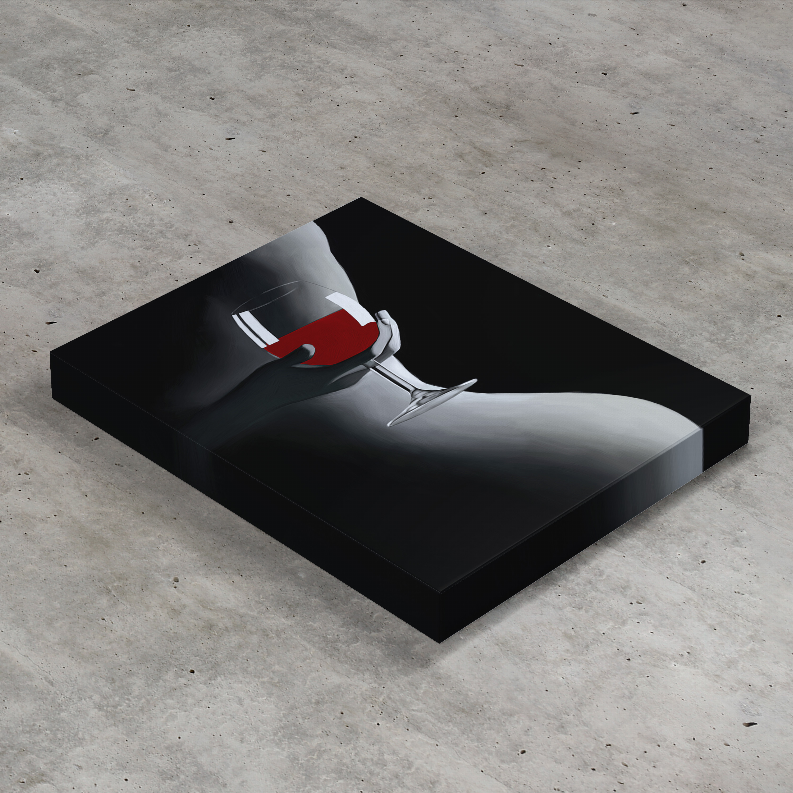 Square art print showing a wine glass with red wine on a black-and-gray surface