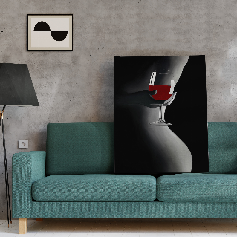 Framed art print with a wine glass and red wine on black-and-gray abstract figure