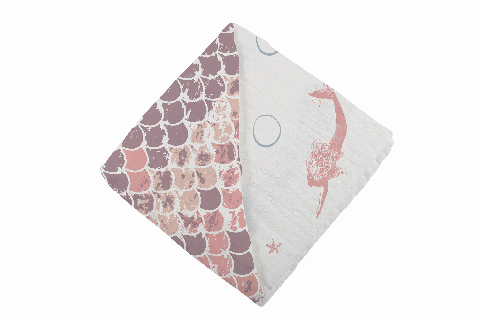 Bamboo blanket with mauve scale pattern and coral mermaid illustrations