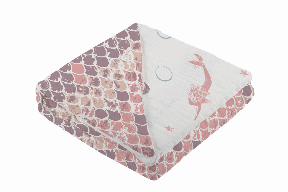 Bamboo blanket laid flat with mauve fish-scale print and red mermaid graphics