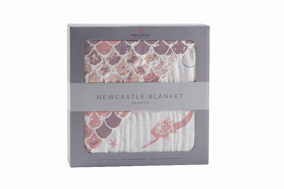 Bamboo blanket gift box featuring mauve scale print, mermaid and starfish accents