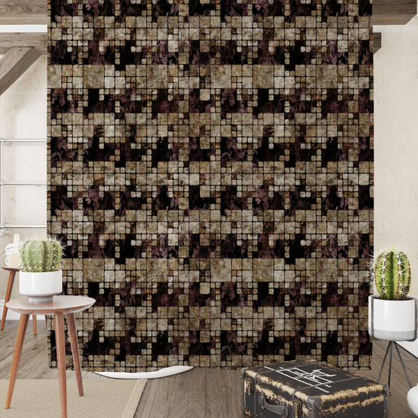 Shower curtain with dark brown and beige mosaic block pattern