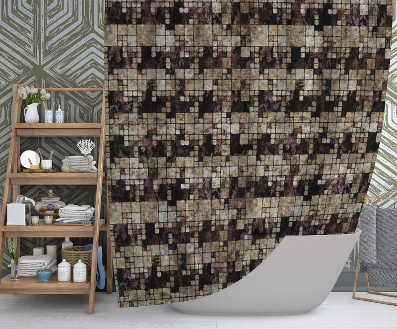 Shower curtain with abstract dark mosaic square pattern over white tub edge