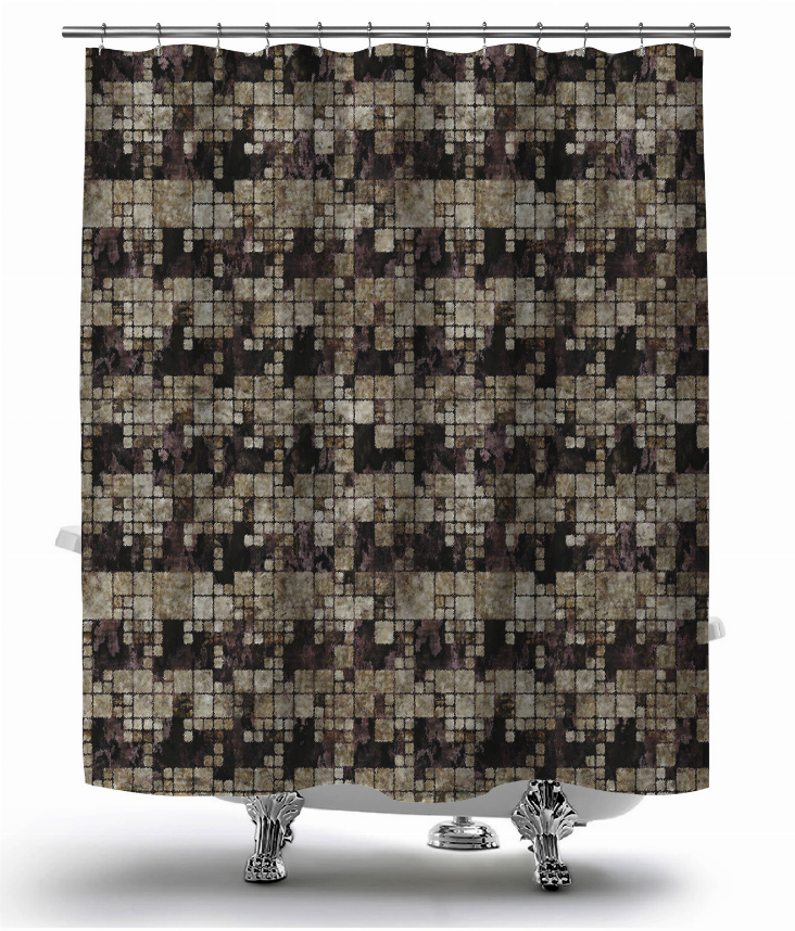 Shower curtain panel with abstract mosaic blocks, top rod and grommets