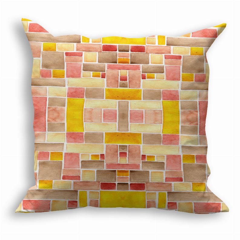 Multicolor brick-pattern cushion pillow with red, yellow, green and cream tile blocks