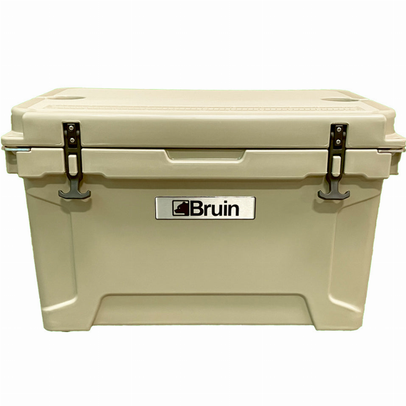 Roto-molded cooler with Bruin logo, hinged black latches, cream color, 48QT
