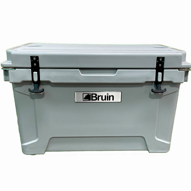 Roto-molded ice box in gray with front handle latches and Bruin logo plate