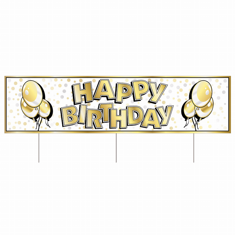 Plastic Happy Birthday yard sign in gold with two balloon graphics and three stakes