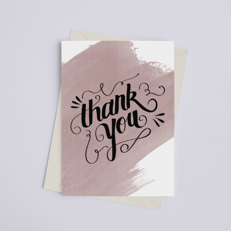Thank you watercolor greeting card with mauve wash and black cursive text