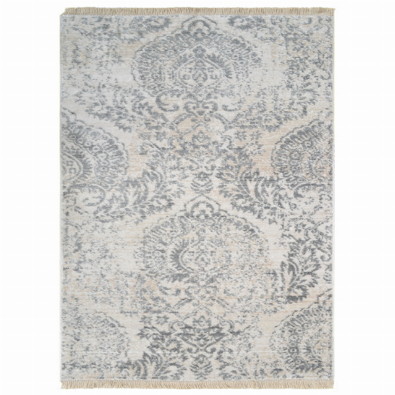 Cream and blue-gray damask area rug with central medallion and fringe border