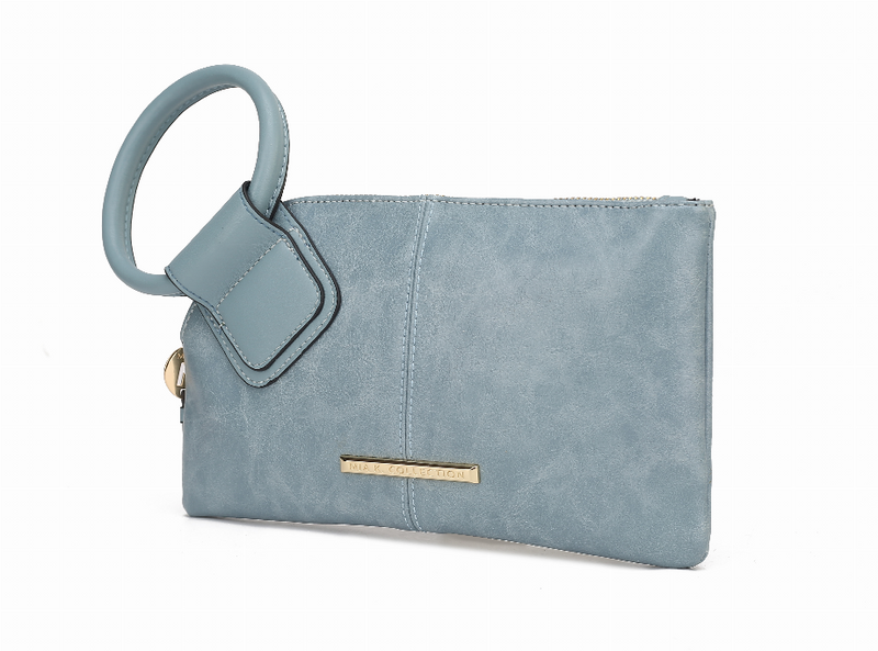 Light blue wristlet clutch with wrist strap and front gold logo plaque