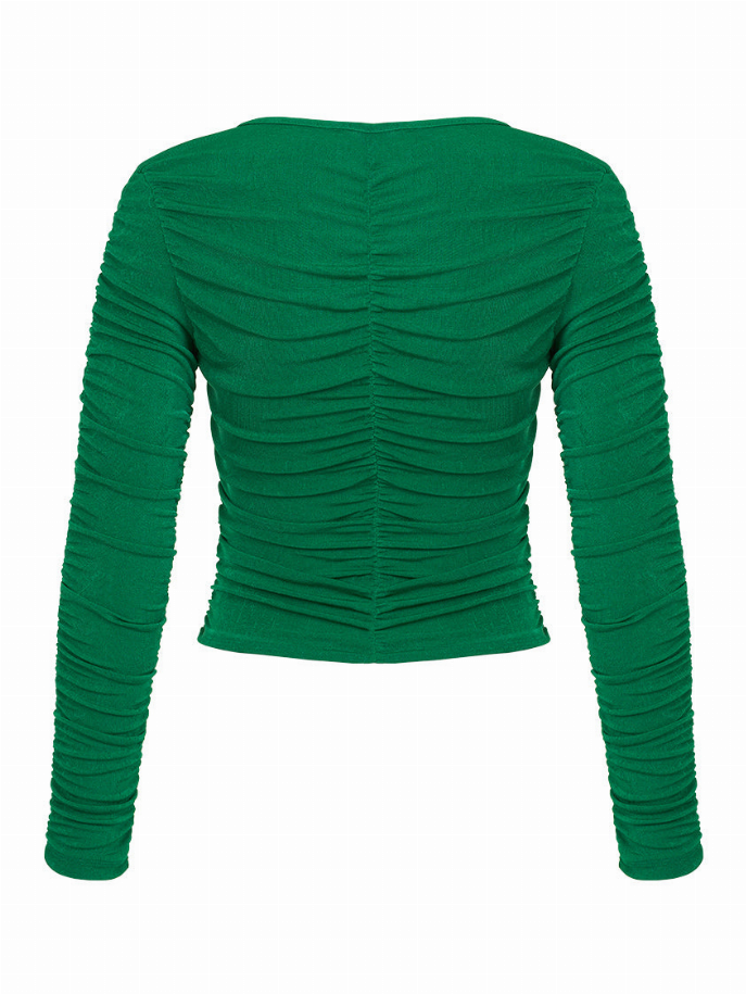 Green draped ruched long-sleeve top with fitted waist shaping