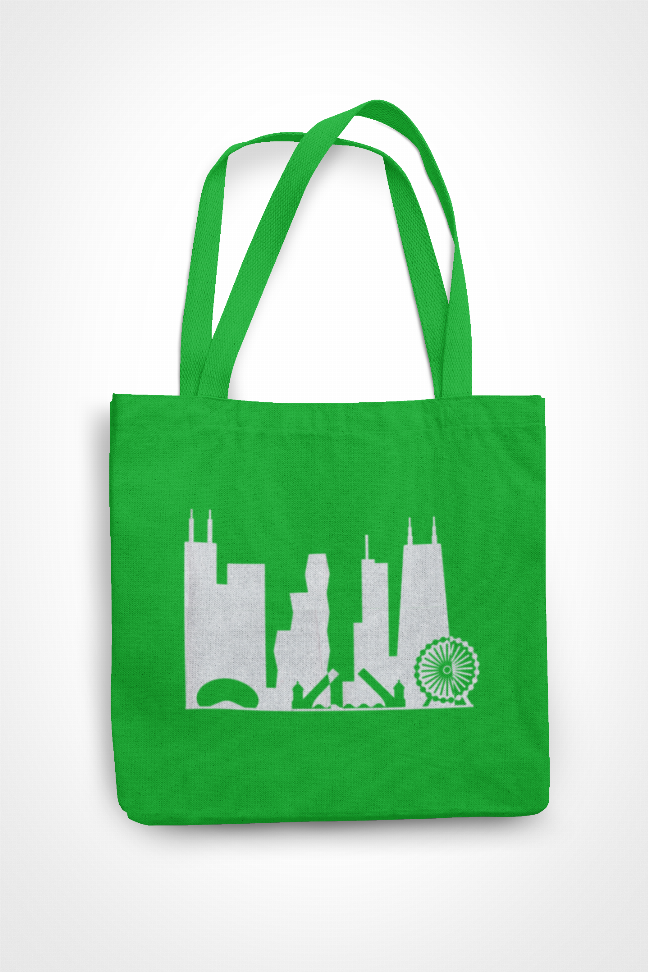 Green tote bag with long handles and white Chicago skyline graphic with tall buildings