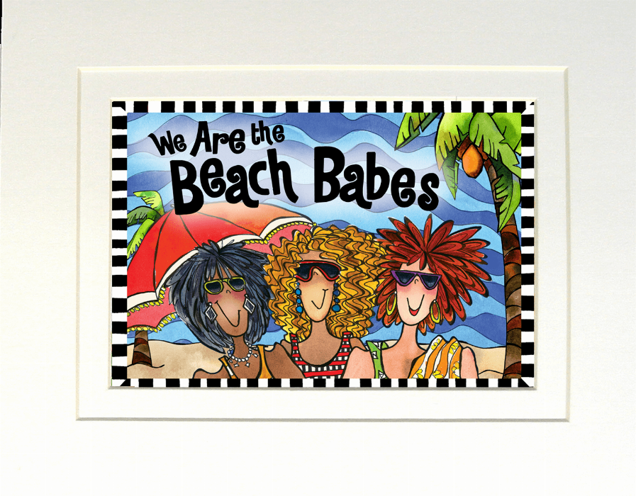 Framed beach art print with two illustrated beach babes, sunglasses, and 'We Are the Beach Babes'