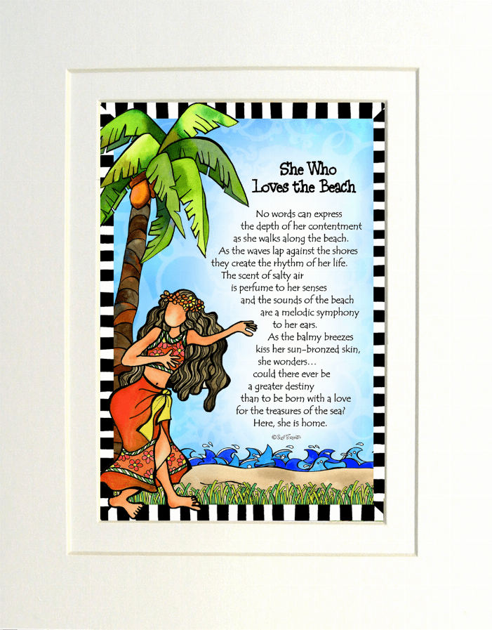 Framed beach-themed art print showing palm tree, blue ocean waves, and a standing woman.