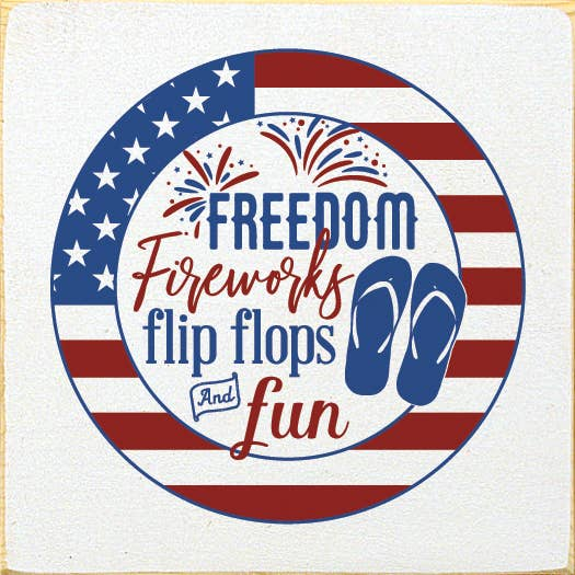 Multi-colored flip flop fun graphic patch on Freedom Fireworks flip flops