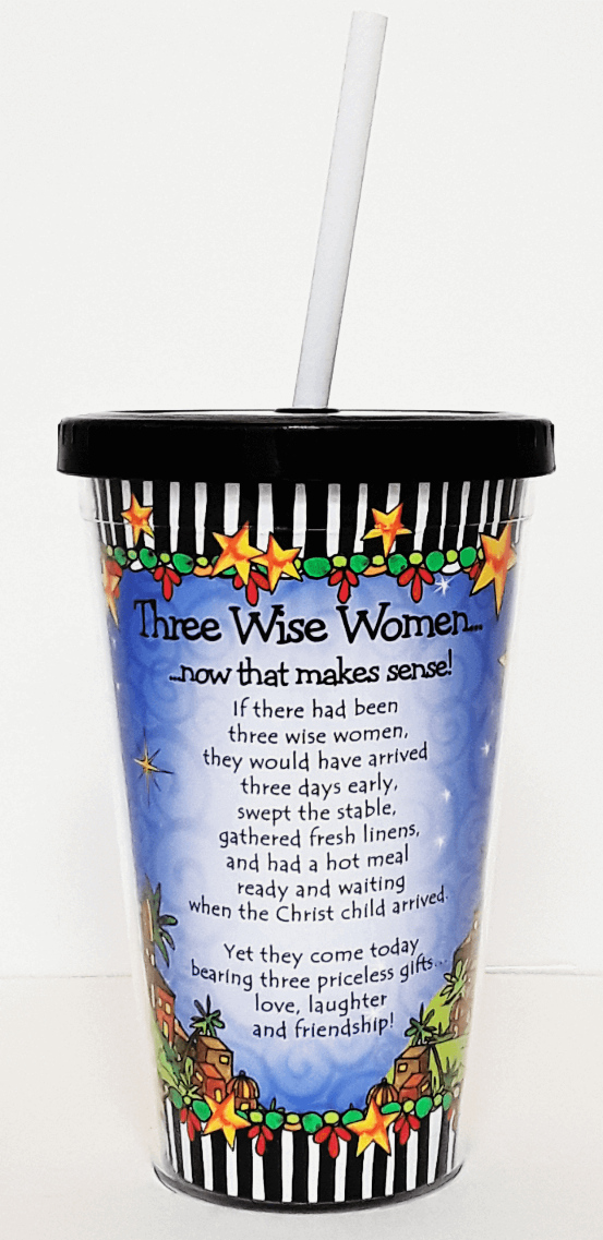 Wacky COOL Cup blue printed cup with Three Wise Women text and white straw