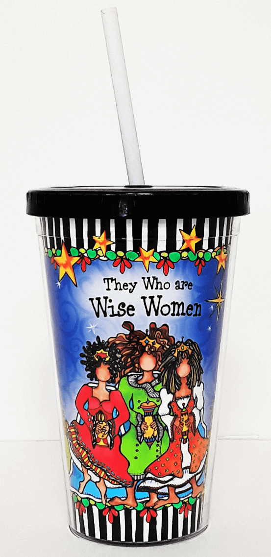 Wacky COOL Cup blue Wise Women artwork cup with striped rim and white straw