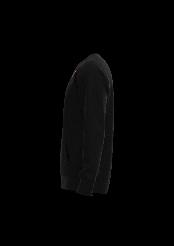 Men's black raglan sweatshirt profile view with long raglan sleeves