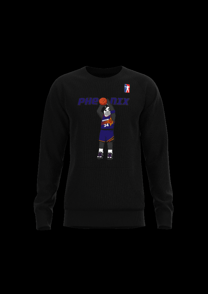 Men's black raglan sweatshirt front view with character logo graphic on chest