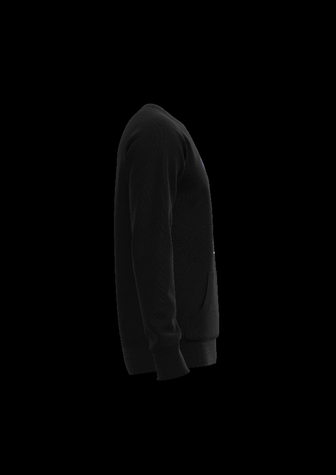 Men's black raglan sweatshirt side profile view with long sleeves