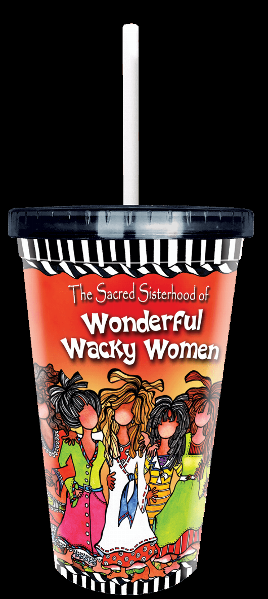 Red cup with black lid and white straw, colorful cartoon women scene on front