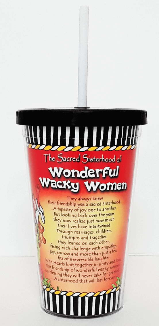 Red cup with black striped rim, white straw, colorful 'Wonderful Wacky Women' front text