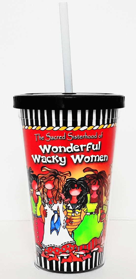 Front view red cup with black rim and white straw, colorful women artwork