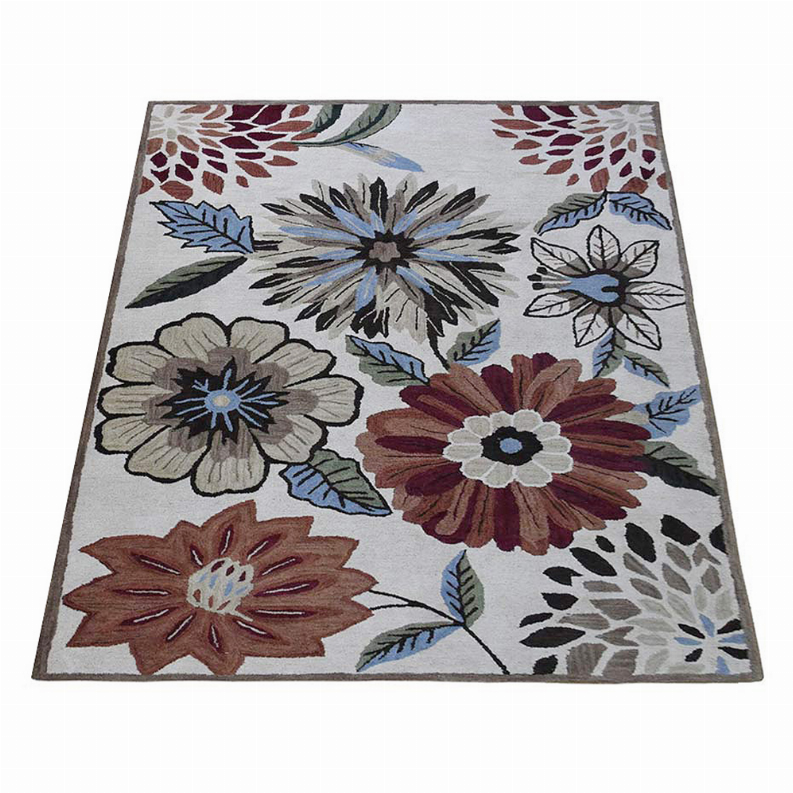 Rectangular floral area rug with multicolor flower and leaf pattern on light ground