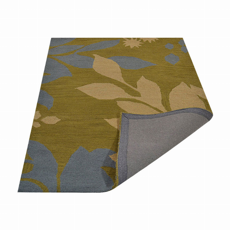 Hand-tufted wool area rug with floral pattern and gray backing corner