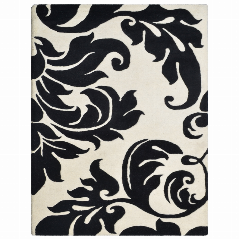 Square black-and-ivory floral area rug with detailed scrolling design