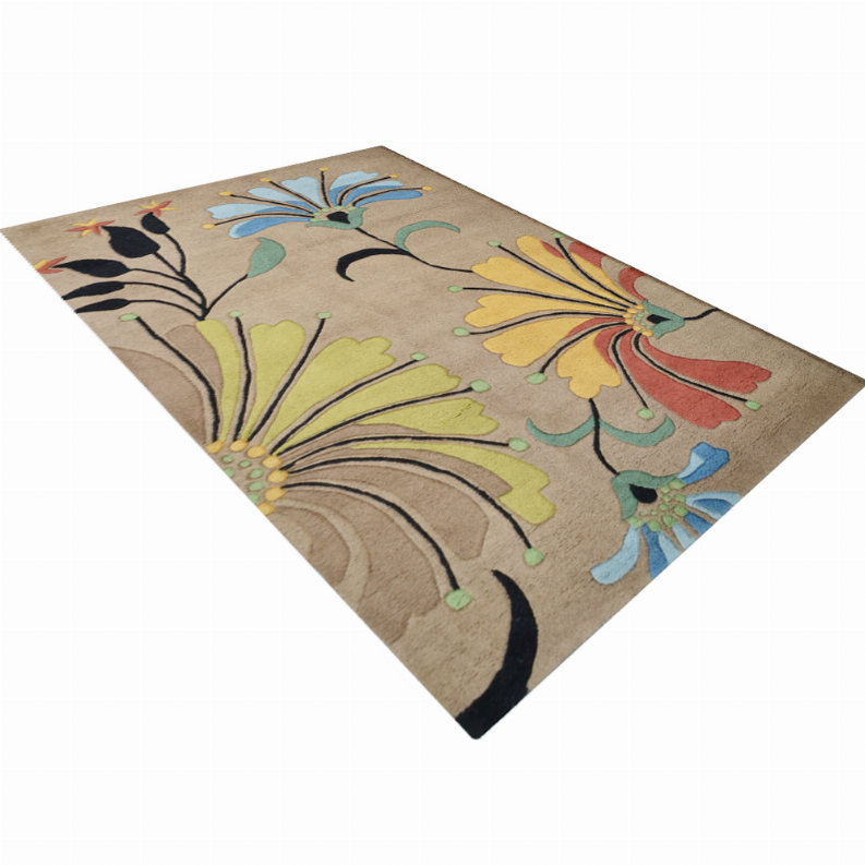 Floral hand-tufted wool area rug, beige with bright yellow, blue, and red flower accents