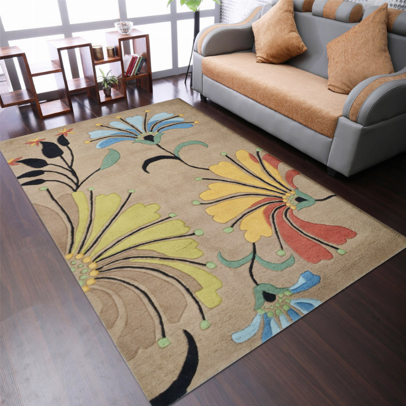 Floral hand-tufted wool area rug laid on floor with multicolor blooms over beige