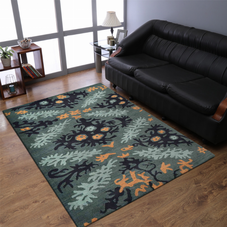 Hand-tufted wool area rug, large teal-gray floral foliage pattern with orange and navy accents