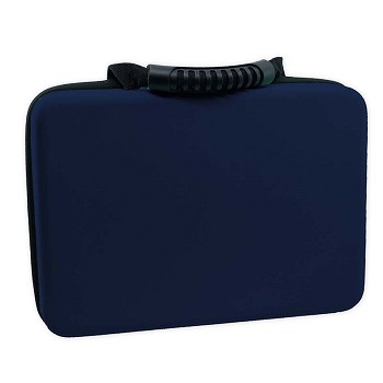 Flipo battery storage case in dark navy with black top strap and coiled cable