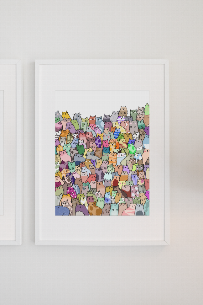 Framed wall art print showing a dense collage of colorful cartoon cat faces