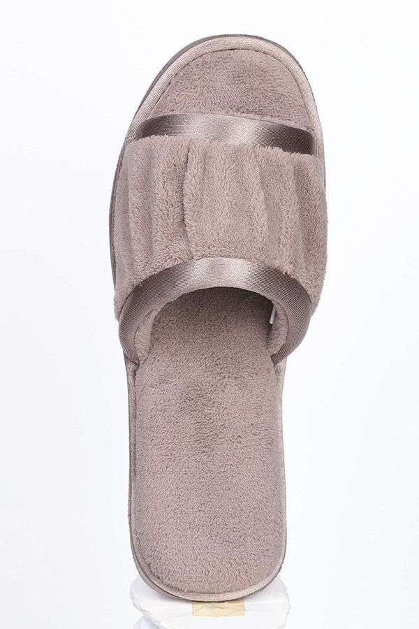 Taupe terry open-toe slide slipper with padded strap and cushioned footbed