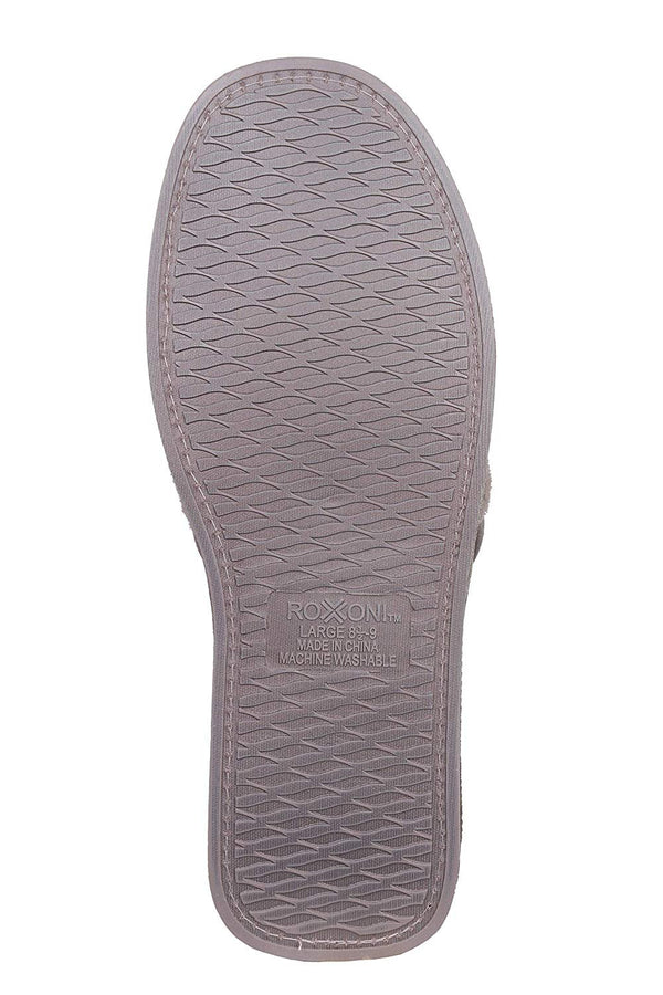 Mauve outsole underside with textured traction and Roxoni branding