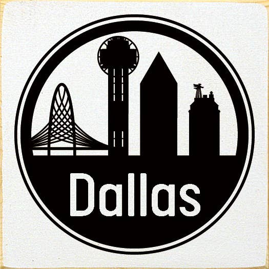 Square Dallas skyline circle graphic with Dallas lettering
