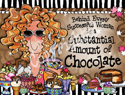 Wacky note card showing whimsical chocolate-themed scene with woman, cakes, and 'Chocolate' text