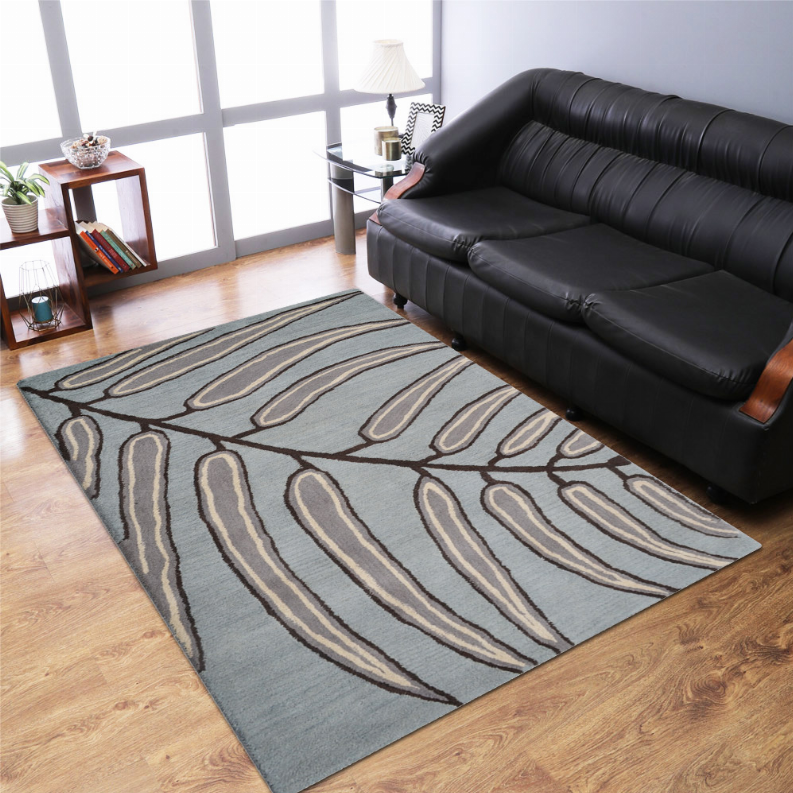 Hand-tufted wool area rug, abstract leaf pattern in blue-gray and beige