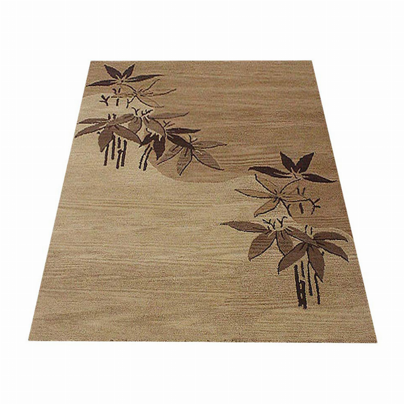 Beige wool rug with dark brown floral leaves and scattered blossoms