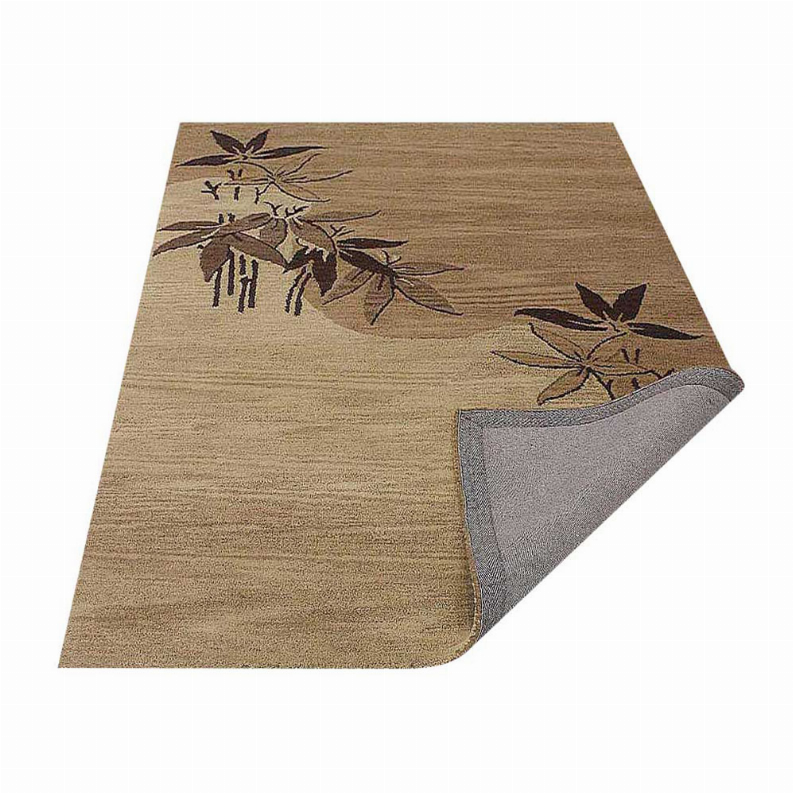 Beige floral wool rug with dark brown design, showing gray backing