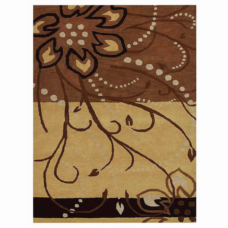 Floral hand-tufted wool area rug, beige center with dark brown border and vines
