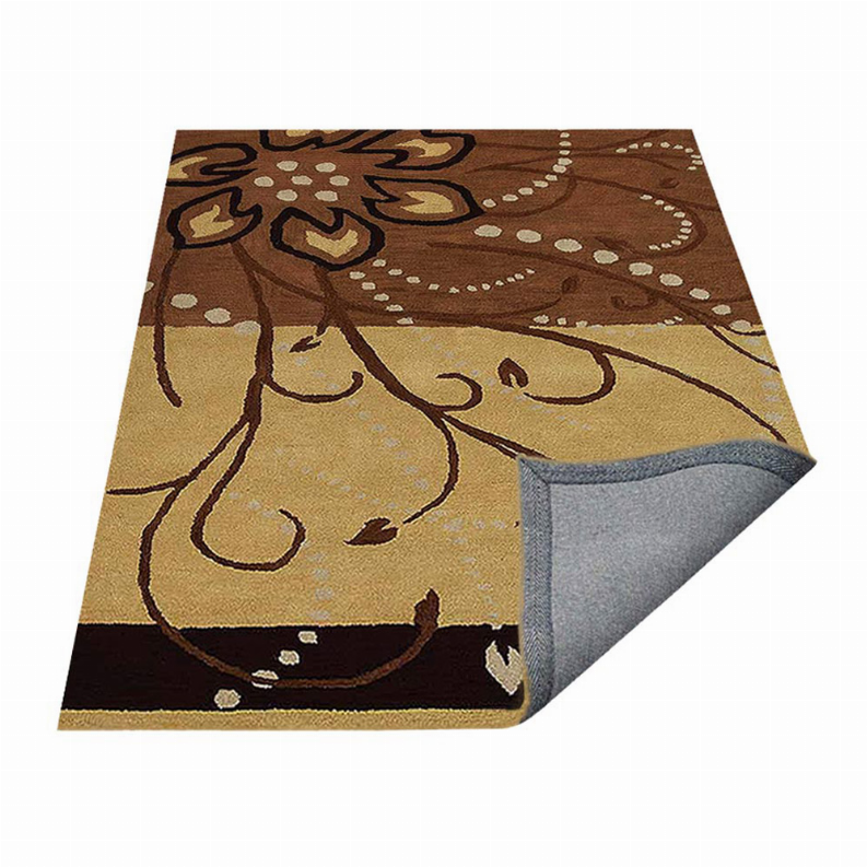 Floral hand-tufted wool area rug with gray backing, beige floral scroll pattern