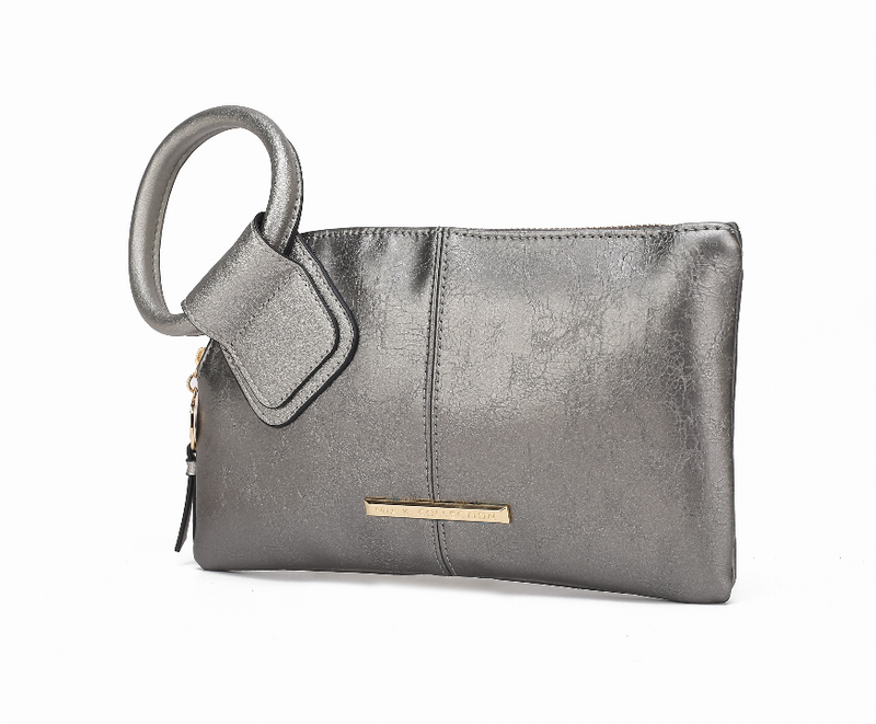 Gray clutch wristlet with top handle loop, gold bar clasp, and side tassel fringe