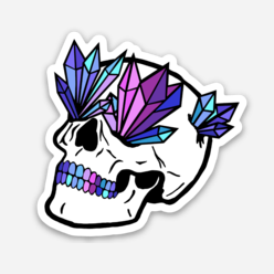Crystal skull sticker with purple, blue and teal facets, jagged crystal hair, white border